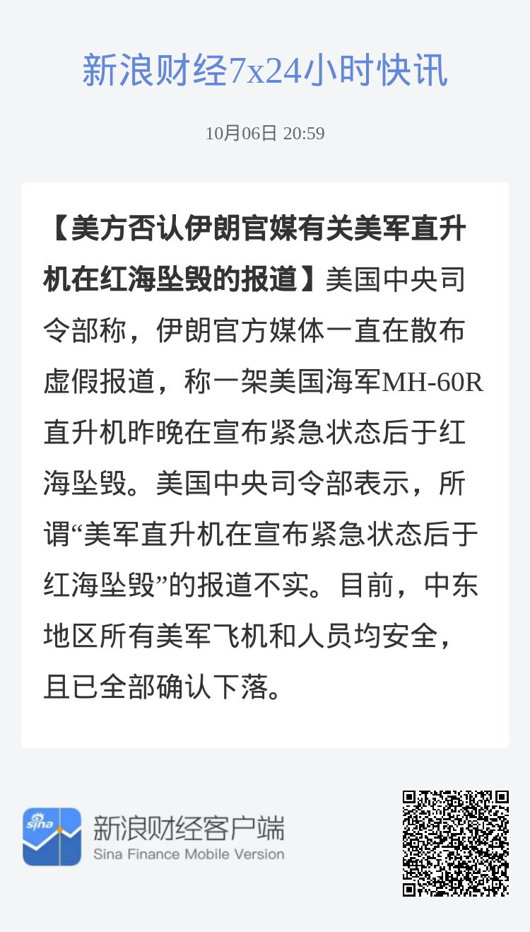 #美方否认伊朗官媒有关美军直升机在红海坠毁的报道#美国中央司令部称，伊朗官方媒体一直在散布虚假报道，称一架美国海军MH-60R直升机昨晚在宣布紧急状态后于红海坠毁。美国中央司令部表示，所谓“美军直升机在宣布紧急状态后于红海坠毁”的报道不实。目前，中东地区所有美军飞机和人员均安全，且已全部 ​