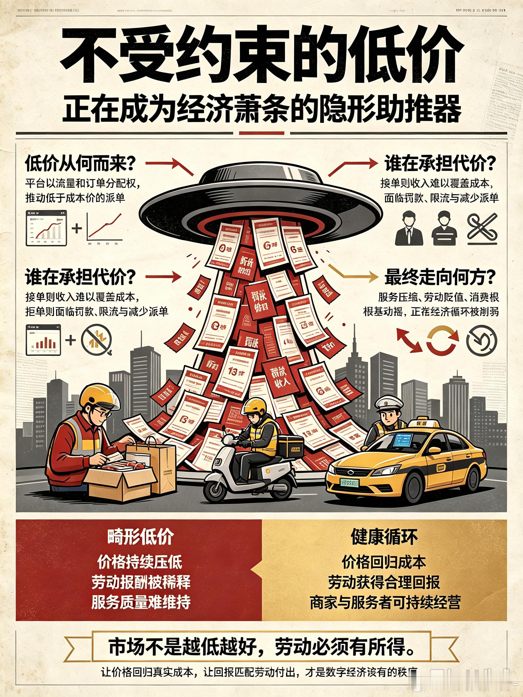 不受约束的低价：经济萧条的隐形助推器
 
自古以来，劳有所得便是社会运行最朴素的准则。付出劳动，就理应获得与之匹配的报酬，劳动有价值，服务有价格，商品有成本，这是维持市场良性循环的根基。当这份价值平衡被打破，整个经济生态就会埋下隐患。
 
随着互联网快速发展，购物、出行、本地生活消费逐 ​