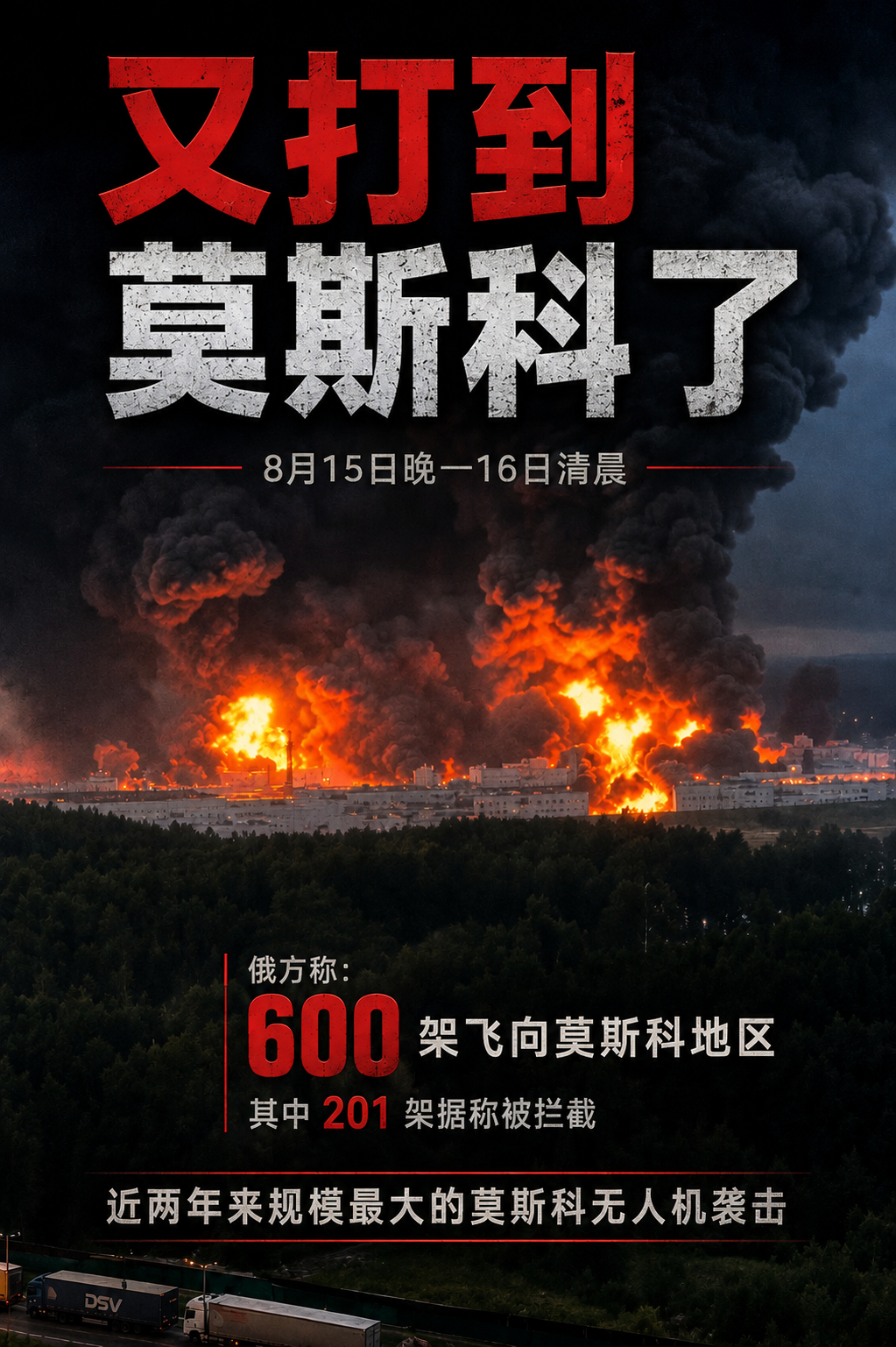 8月16日，俄罗斯莫斯科市长索比亚宁表示，从15日晚间至16日6时30分左右，约有600架无人机飞向莫斯科地区。

索比亚宁称，其中201架无人机在莫斯科地区被俄军防空系统摧毁。塔斯社称，这是近两年来莫斯科遭遇的规模最大的一次无人机袭击。

俄罗斯国防部当天公布的数据则显示，在此次大规模袭击中，俄防 ​