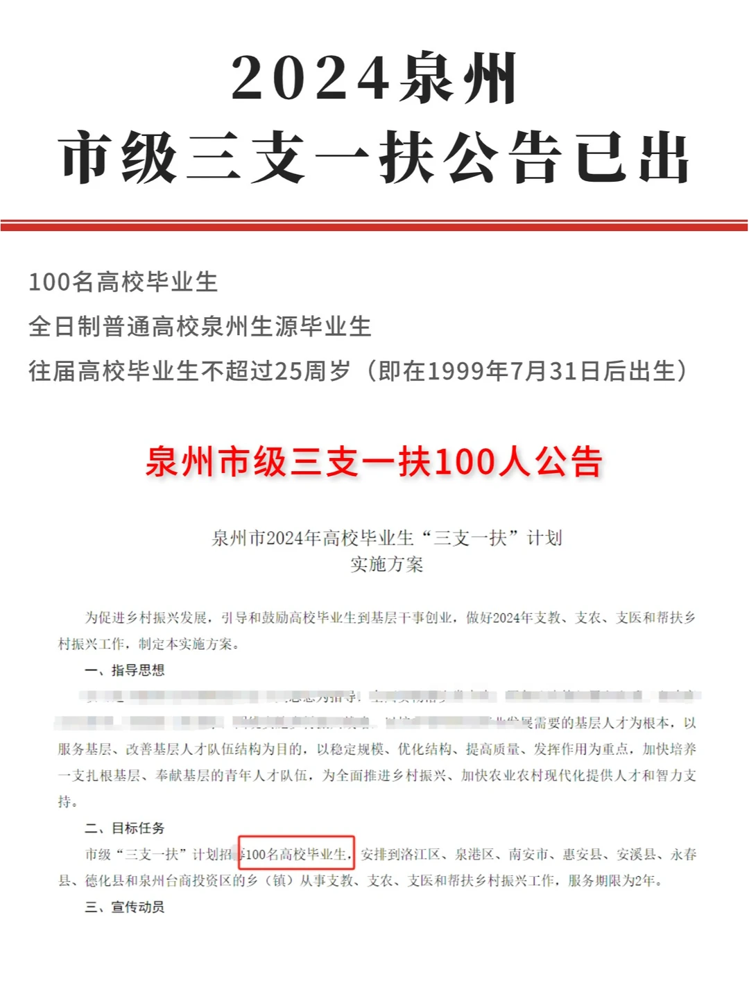 2024泉州市级三支一扶出了，100人！