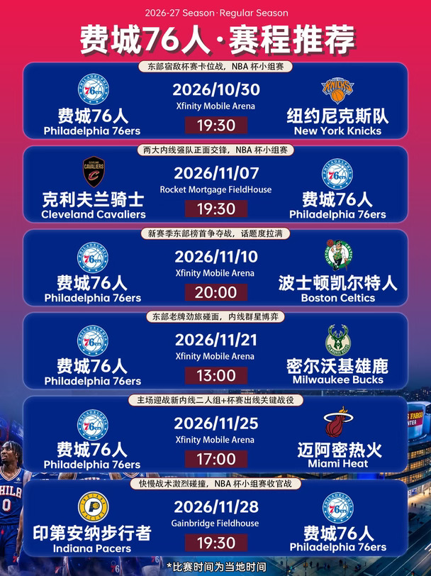 ⚪️费城76人 🏀11月NBA精选赛程 🎫门票预订