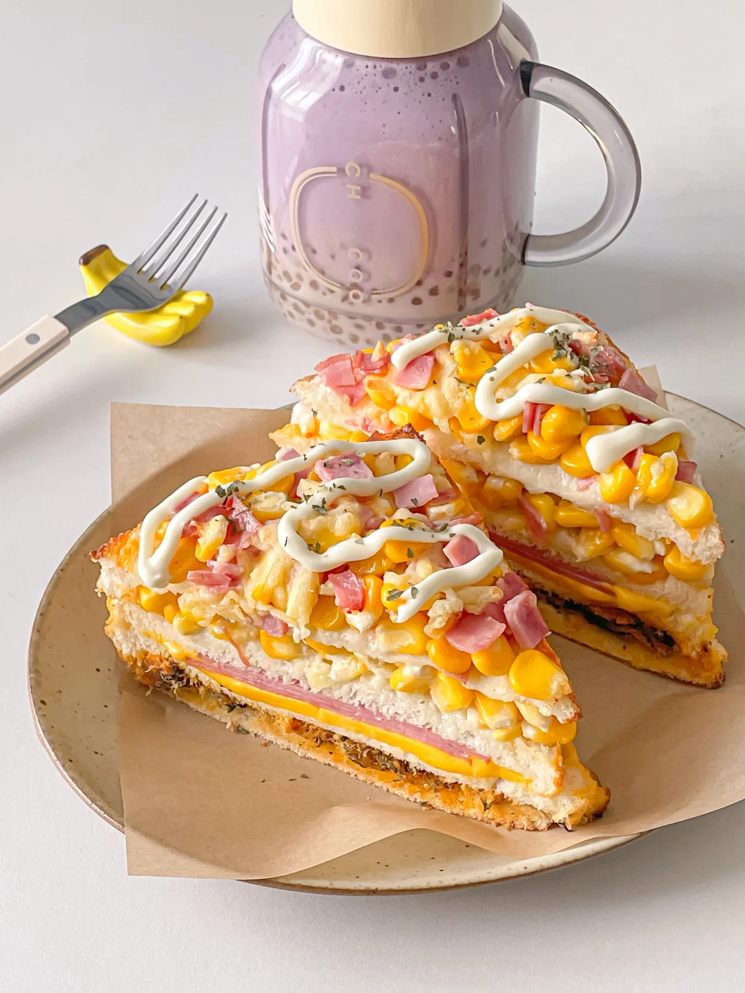 元气早餐🧀️爆浆芝士玉米三明治&芋泥西米露