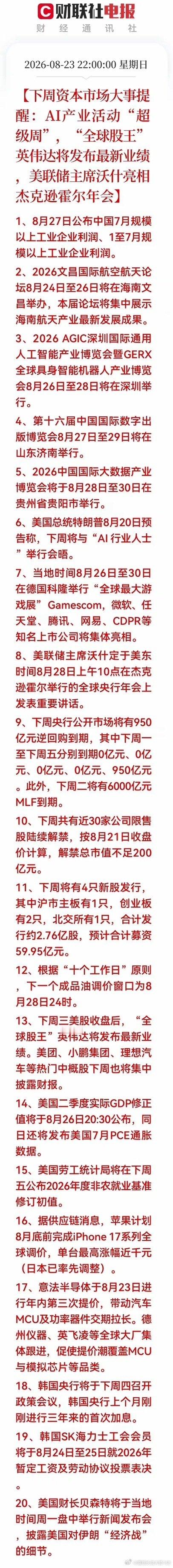 下周资本市场大事提醒～
​A英伟达将发布最新业绩
​沃什定于美东时间8月28日上午10点在杰克逊霍尔举行的全球央行年会上发表重要讲话。
​美国劳工统计局将在下周五公布2026年度非农就业基准修订初值。
​美国财长贝森特将于当地时间周一盘中举行新闻发布会，披露美国对伊朗“经济战”的细节。 ​