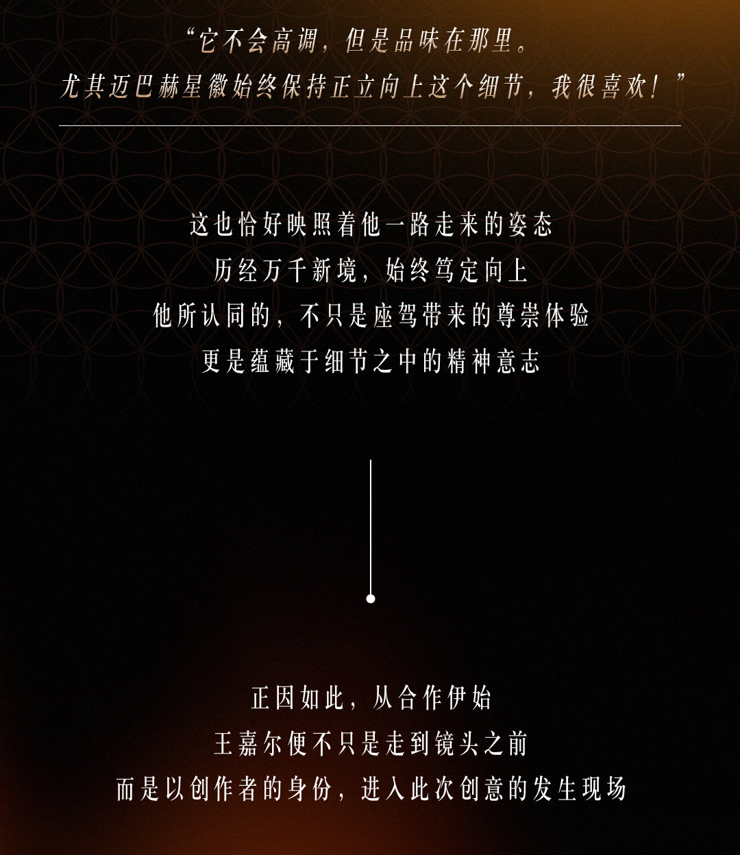 拥有王嘉尔的外貌气质内涵，也需要拥有优秀的🧠，才有机会代言顶奢，但王嘉尔只有一个哦，复制不来。“从合作伊始王嘉尔便不只是走到镜头之前
而是以创作者的身份，进入此次创意的发生现场”

#迈巴赫官宣王嘉尔# ，
#迈巴赫全球品牌大使王嘉尔# ​