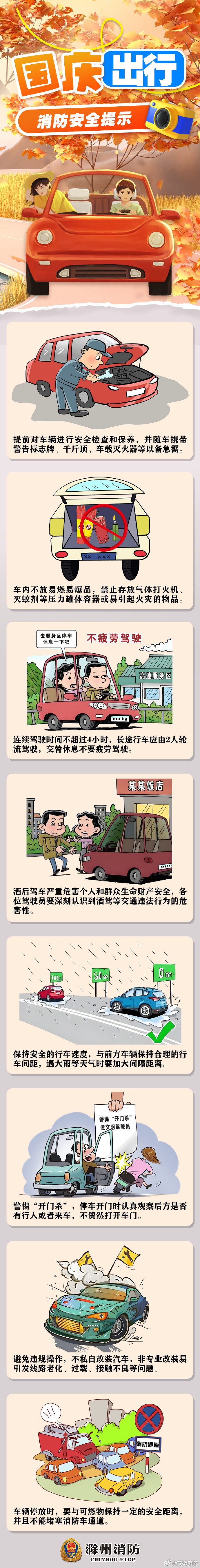 #蓝博皖每日科普# 【国庆出行消防安全提示】国庆假期出行多，在旅途中要更加注意安全。做好出行准备、严格遵守交通法规，还需要注意哪些消防安全隐患呢？一起来看！#假期必看的消防安全指南# ​