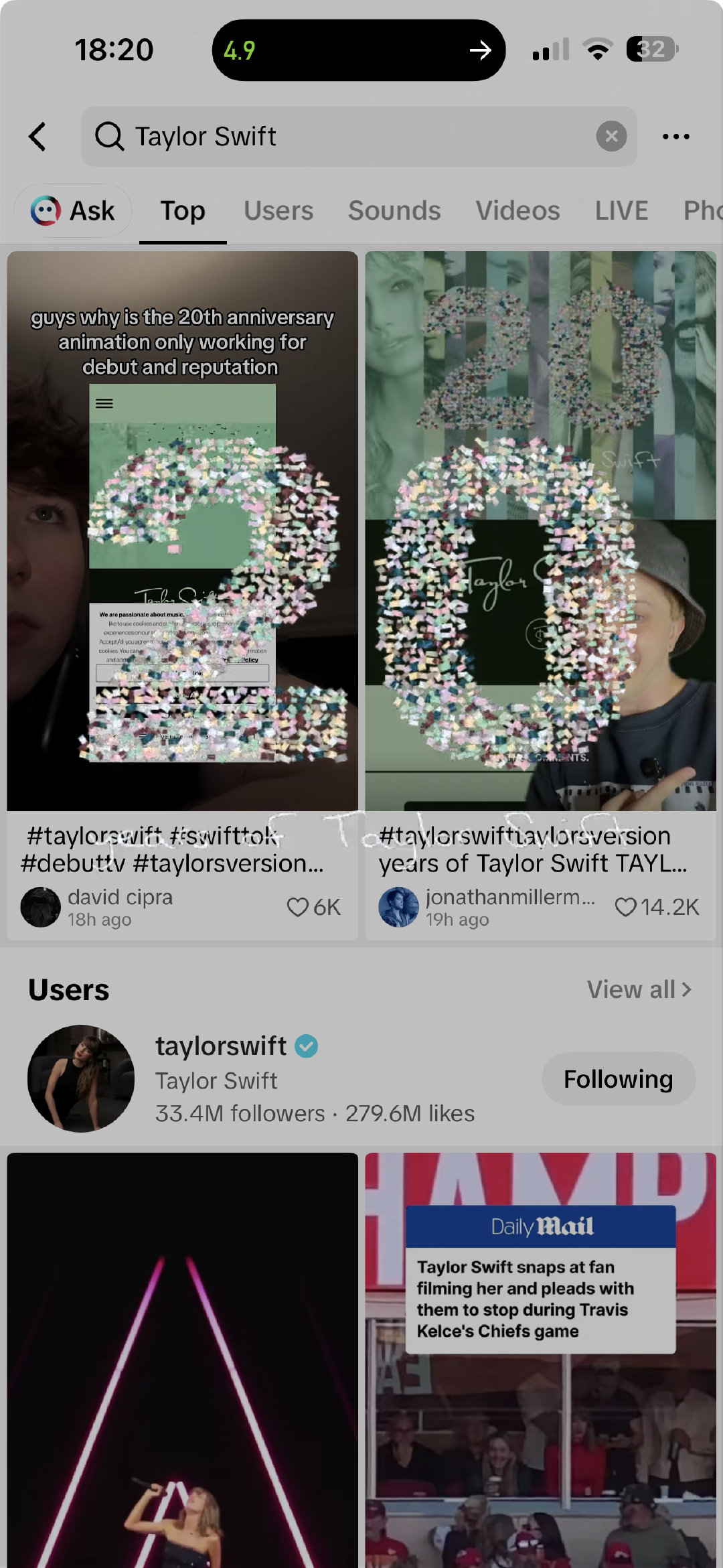 #TaylorSwift[超话]#  在Tiktok搜索Taylor Swift也会出现庆祝首专发行20周年的小动画 ​