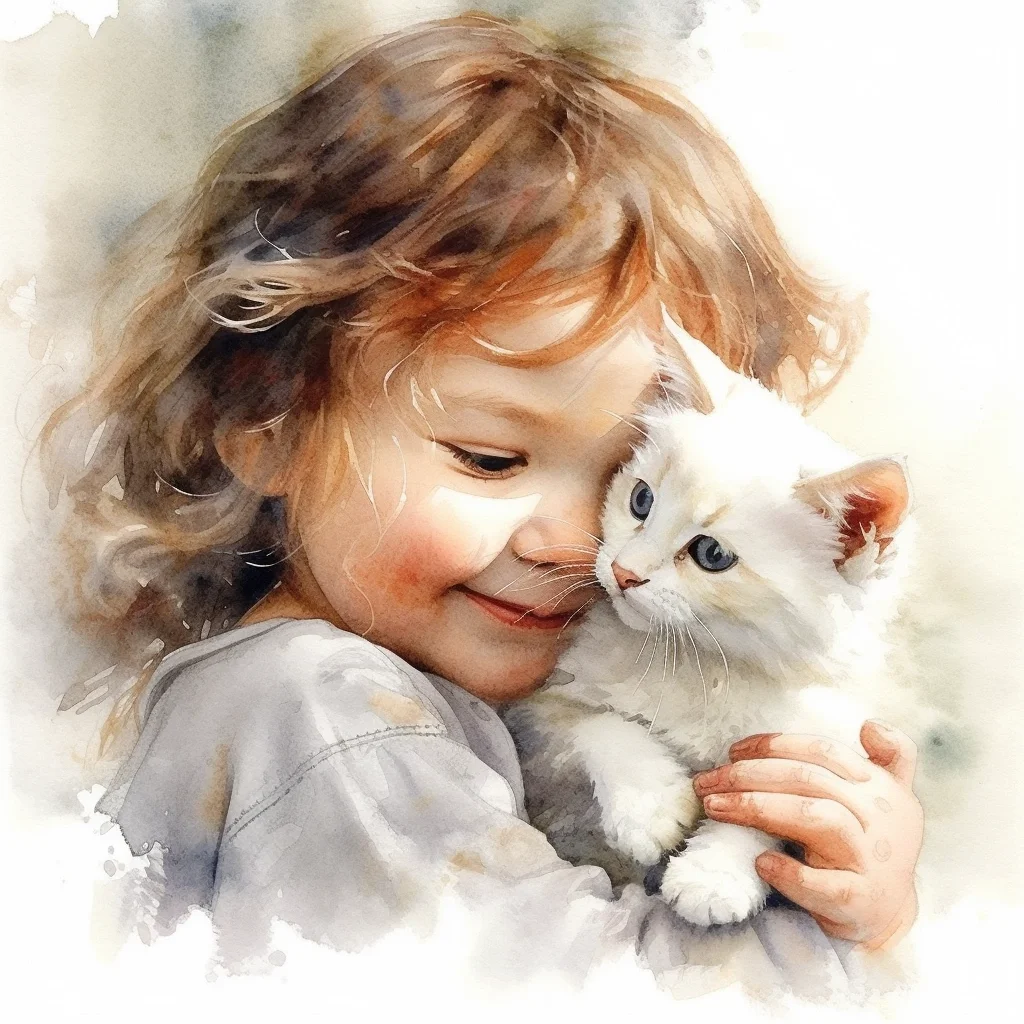 AI水彩：小女孩和小猫咪