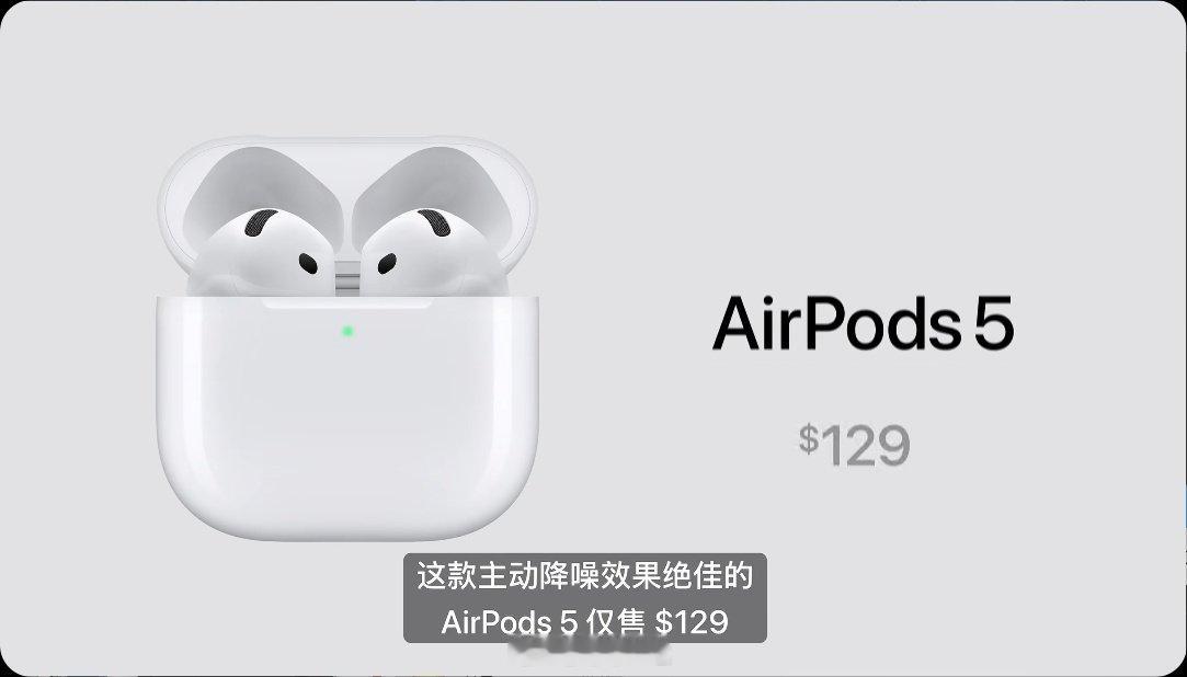 带降噪的AirPods5 129美元，和上代不支持降噪的AirPods同价 ​
