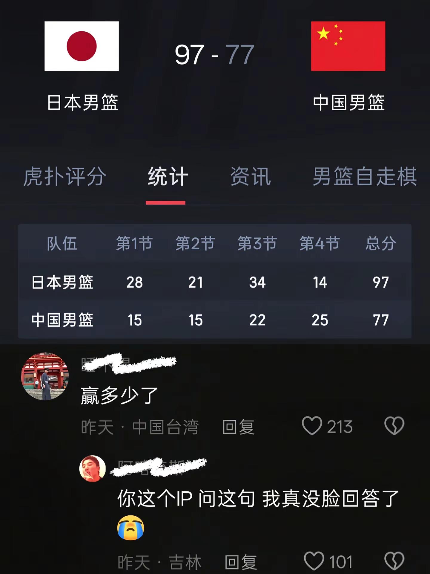 面对台湾的同胞，我们无话可说日本队vs中国男篮 男篮对日本 日本男篮vs中国男篮 名古屋