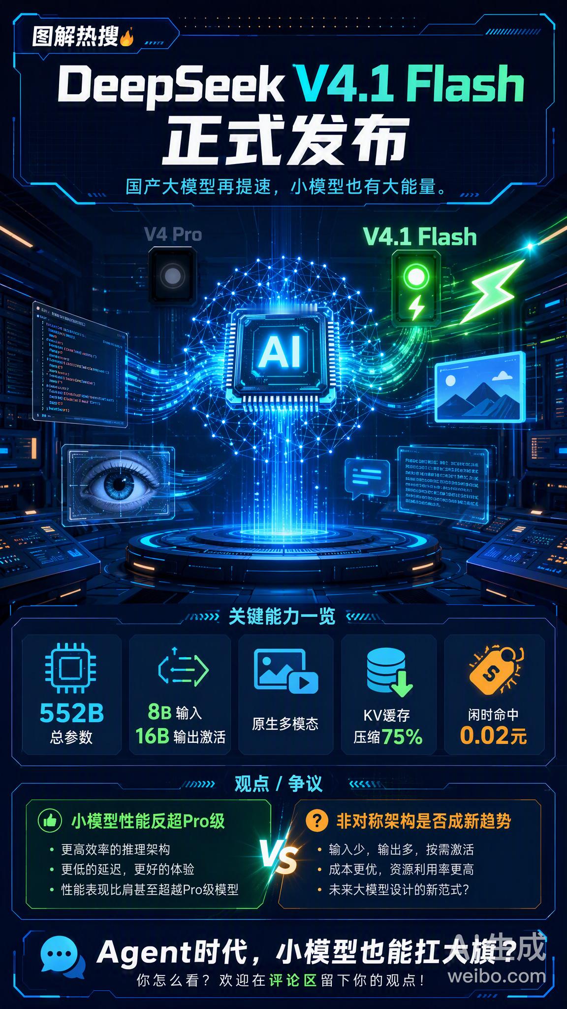 #DeepSeekV4.1Flash发布# 刚刚，DeepSeek V4.1 Flash 正式上线了！这次更新有几个值得关注的点：

· 全新架构：采用 Causal-Encoder-Decoder 非对称设计，总参数 552B，输入仅激活 8B、输出激活 16B，推理成本大幅降低

· 原生多模态：终于补齐了视觉理解能力，识图、文本、推理三合一，不用再手动切换 ​