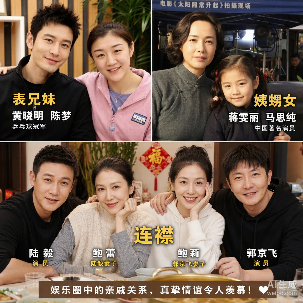 娱乐圈的亲戚关系网真是越来越有意思了。黄晓明和陈梦居然是表兄妹，一个在影视圈发光，一个在乒乓赛场夺金，这组合够特别。蒋雯丽和马思纯这对姨甥女，马思纯从小跟着小姨在片场长大，这份亲情比很多明星的“资源”实在多了。还有陆毅和郭京飞娶了亲姐妹，连襟变兄弟，家庭聚会估计很热闹。

不过有些 ​