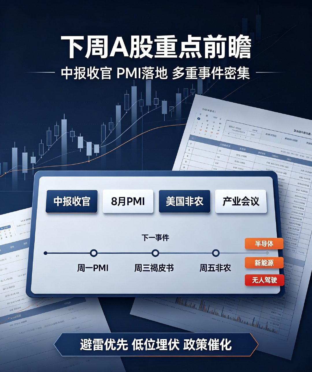 下周A股重点前瞻！中报收官+PMI落地，多重关键事件集中来袭

下周市场事件非常密集，数据、政策、产业会议扎堆，直接决定九月开局走势，核心看点一次性梳理清楚。

核心重磅：中报正式收官
8月31日是半年报披露最后截止日，大批尾部公司集中披露业绩，大概率出现业绩变脸、暴雷个股，务必规避亏损、商 ​