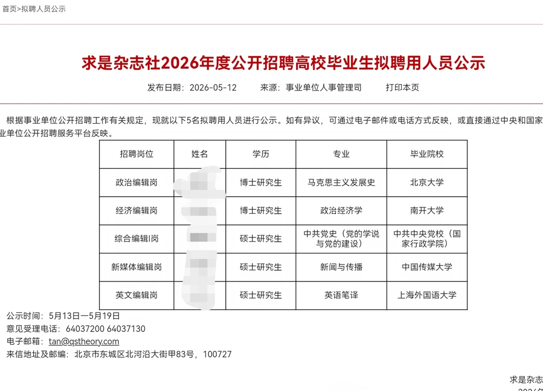 求是杂志社2026校招拟录用公示！博士啊