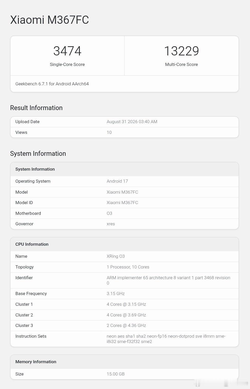 小米平板 9 Pro Max 现身 Geekbench 
XRING 玄戒 O3 💍

CPU : (10-core)
2× 4.36GHz C1-Ultra 
4× 3.69GHz C1-Premium 
4× 3.15GHz C1-Pro

GPU : Mali G2 Ultra NX MC16

单核 ~ 3400+
多核 ~ 13200+ 
#数码闲聊站[超话]##小米# ​