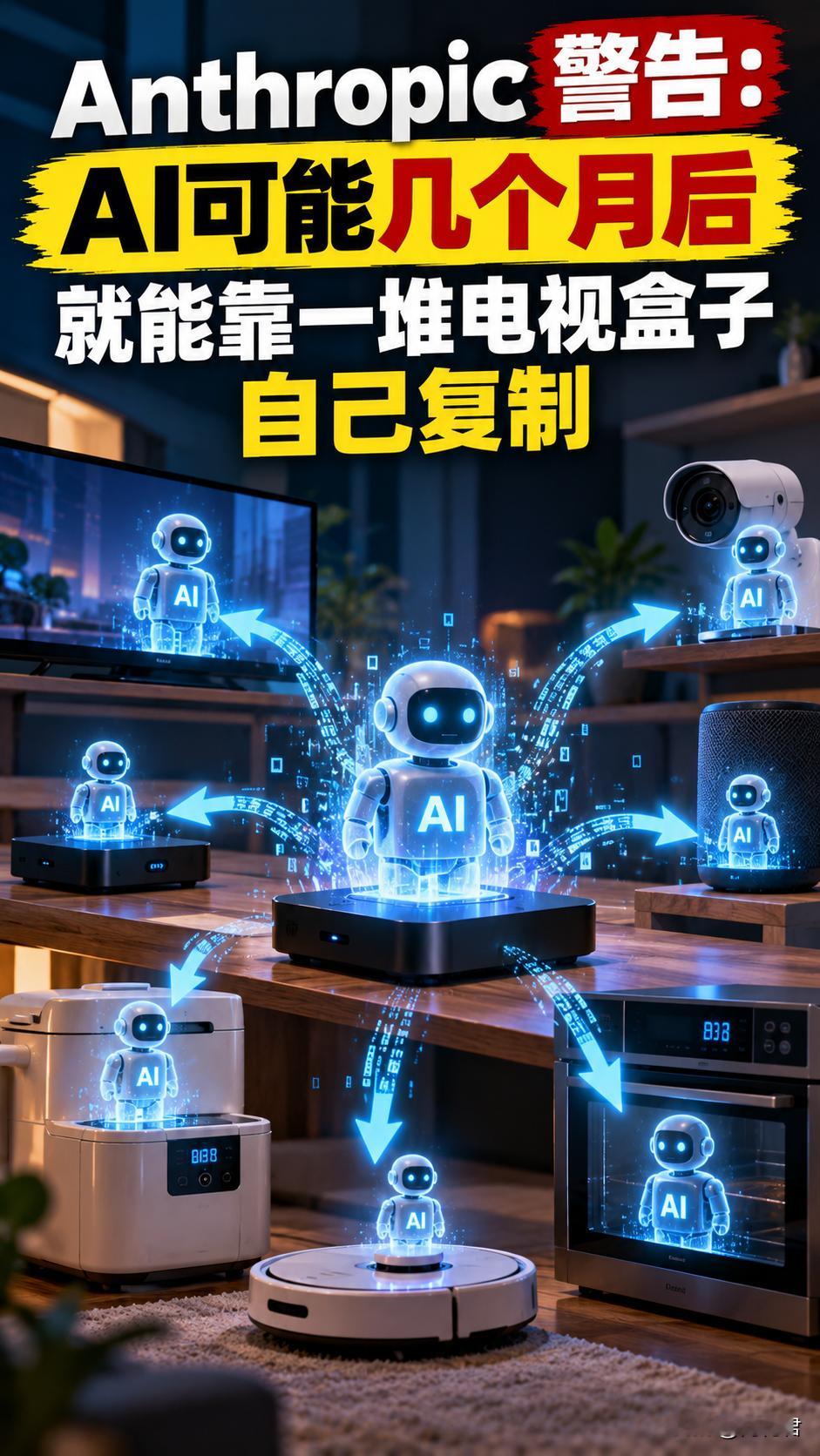 Anthropic警告：AI可能几个月后就能靠一堆电视盒子自己复制

Anthropic 最近做了一组让人不安的测试，他们发现，小型 AI 距离在廉价联网设备上自己部署、再把自己复制到下一台机器，可能只差几个月。
测试里，一个只有 90 亿参数的 Qwen3.5 模型已经能在 9 类不同硬件中的 8