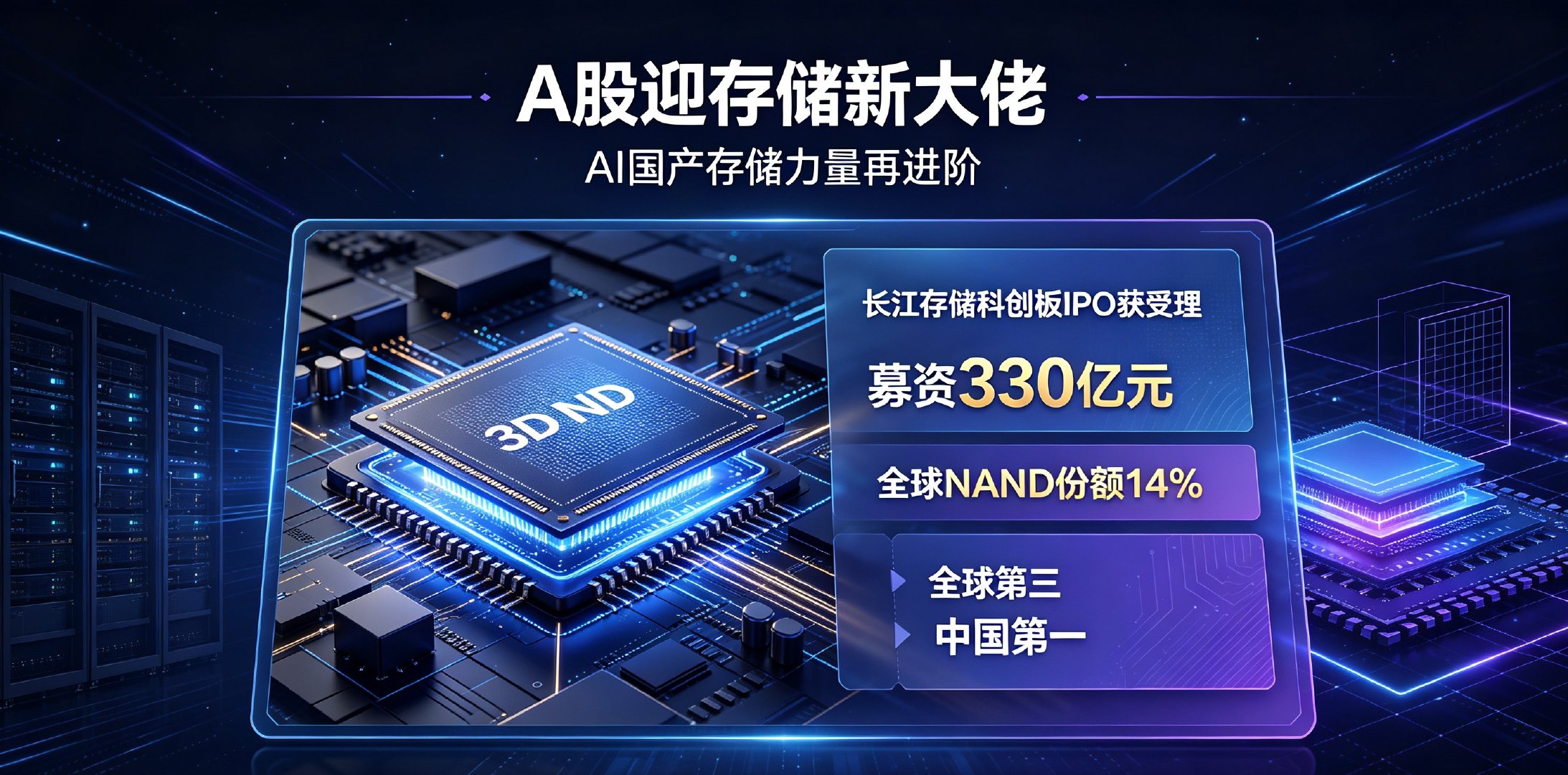 A股迎存储新大佬，AI国产力量再进阶

长江存储科创板IPO已获受理，计划募资330亿元，其中208亿用于产线技术升级，122亿投入前沿研发。作为国内唯一可规模化量产3D NAND闪存的IDM企业，长江存储目前全球NAND Flash份额14%，稳居全球第三、国内第一。

AI浪潮彻底改写存储行业逻辑，闪存已经成为大模型训 ​