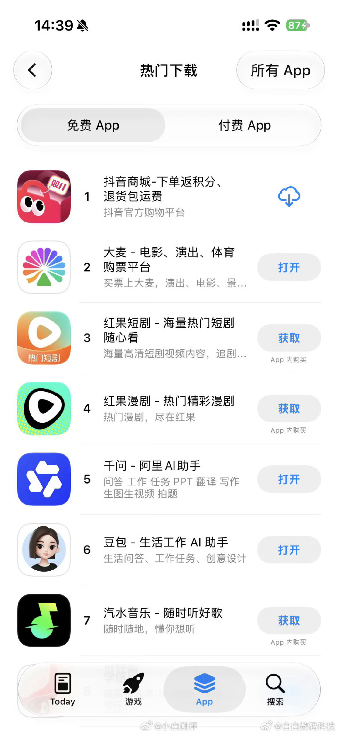 看了下苹果应用商店免费App下载榜
好家伙，还被字节系应用包围了[哆啦A梦吃惊]

话说回来，有和我一样不看短剧的吗👀 ​