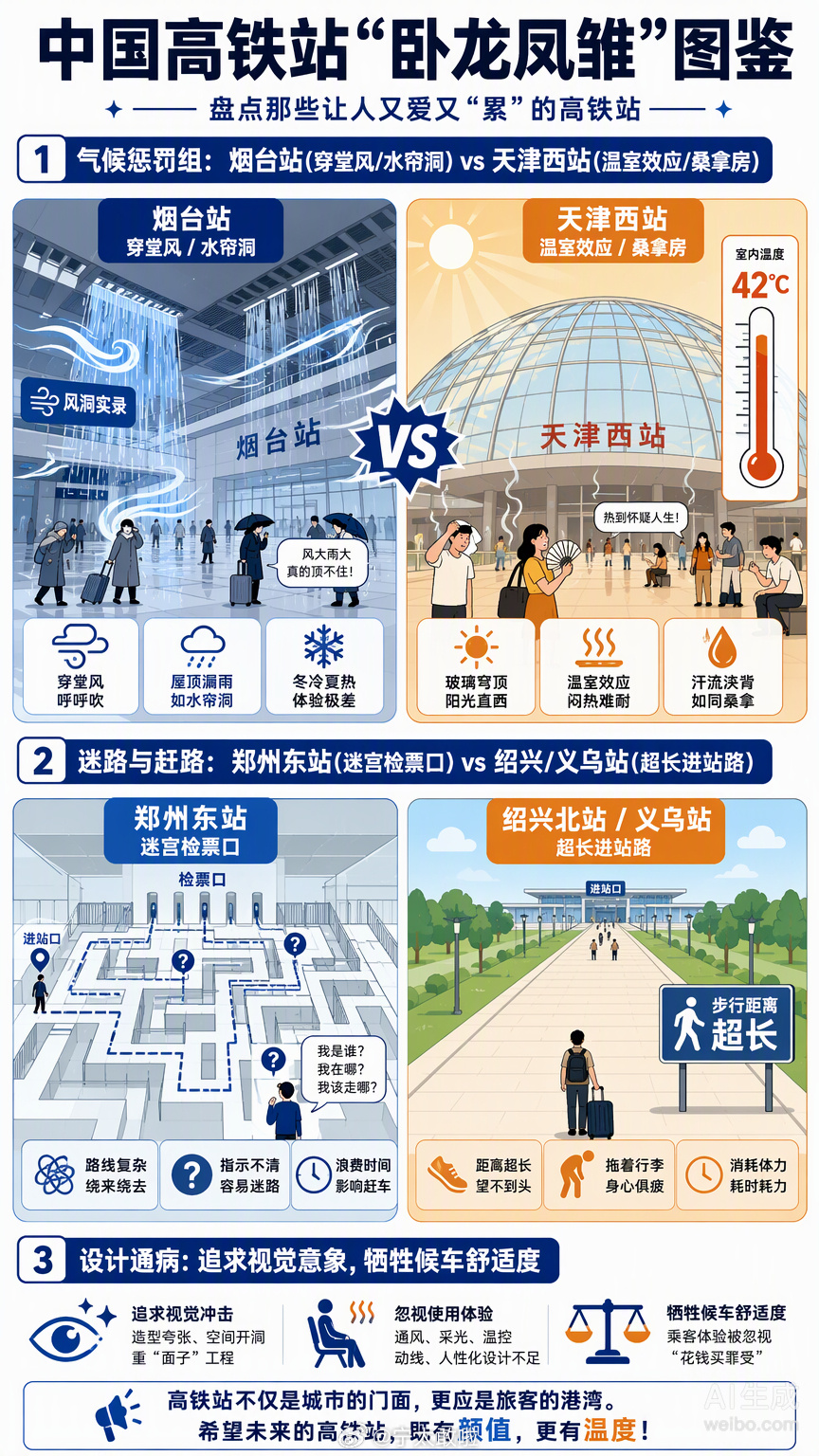 听说中国高铁站出了两对“卧龙凤雏”，网友们的吐槽简直是把候车室变成了大型真人秀现场。

第一对是烟台站和天津西站，这俩简直是气候界的“冰火两重天”。烟台站那南北通透的设计，本意是想引海风纳凉，结果冬天成了穿堂风的台风眼，夏天暴雨直接从通风口倒灌进来，室内秒变水帘洞。天津西站更绝，两 ​