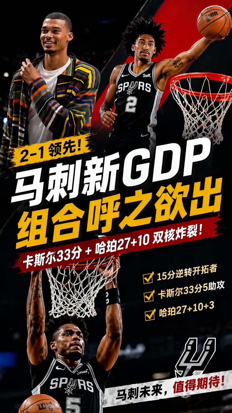 2-1！马刺逆转大胜开拓者，哈珀创记录。文班亚马缺阵马刺120-108...
