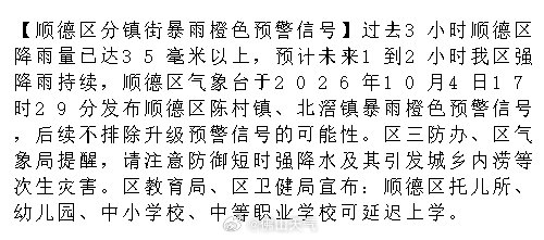 【顺德区分镇街暴雨橙色预警信号】过去3小时顺德区降雨量已达35毫米以上，预计未来1到2小时我区强降雨持续，顺德区气象台于2026年10月4日17时29分发布顺德区陈村镇、北滘镇暴雨橙色预警信号，后续不.... ​