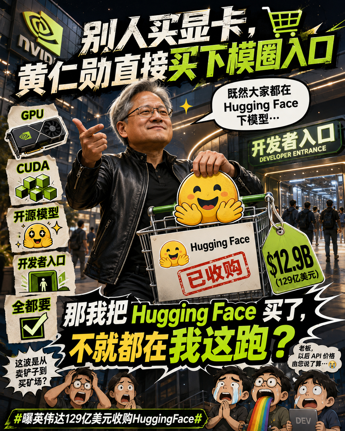 #曝英伟达129亿美元收购HuggingFace#

据The Information报道，英伟达已经同意以129亿美元收购Hugging Face，如果这笔交易最后真的落地，我觉得它的意义可能比表面上大得多。

很多人对Hugging Face的理解还停留在“下载模型的网站”，但它其实已经越来越像AI时代的GitHub，开发者找模型、上传模型、微 ​