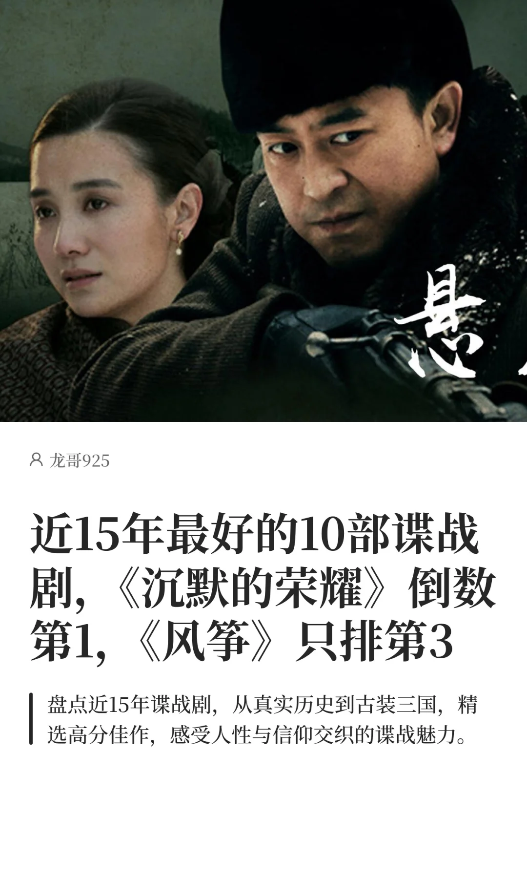 近15年最好的10部谍战剧，《沉默的荣耀》倒