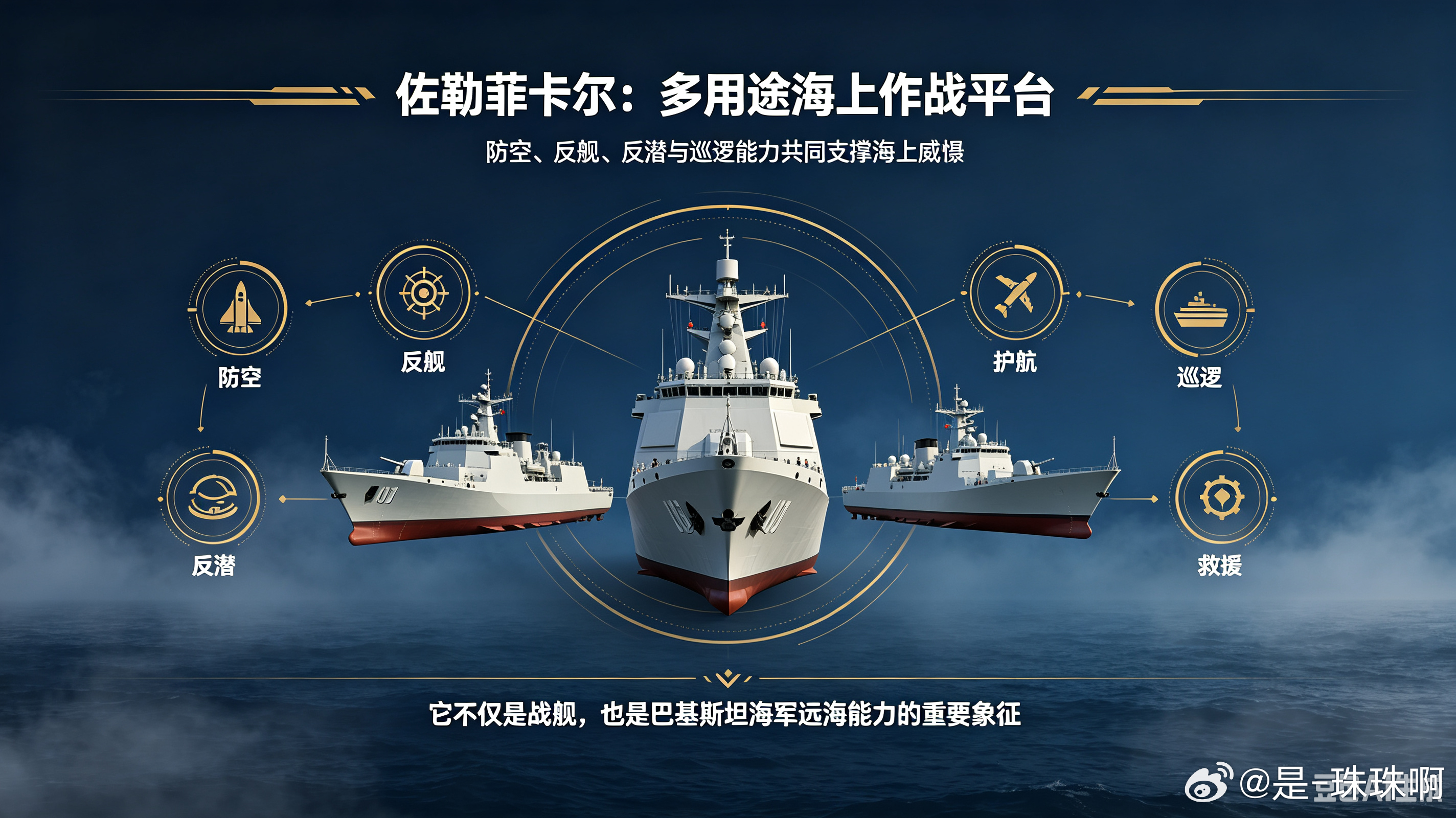 佐勒菲卡尔级，即F-22P型护卫舰，是中巴海上合作的标志性装备，作为巴基斯坦海军近海防御核心，该级舰一共建造四艘，前三艘于中国沪东船厂完工，末艘在巴基斯坦本土组装交付，兼顾装备引进与本土造船产业培育。

该舰满载排水量约3100吨，采用柴柴联合动力，最高航速29节，续航可达5000海里，适配阿拉 ​