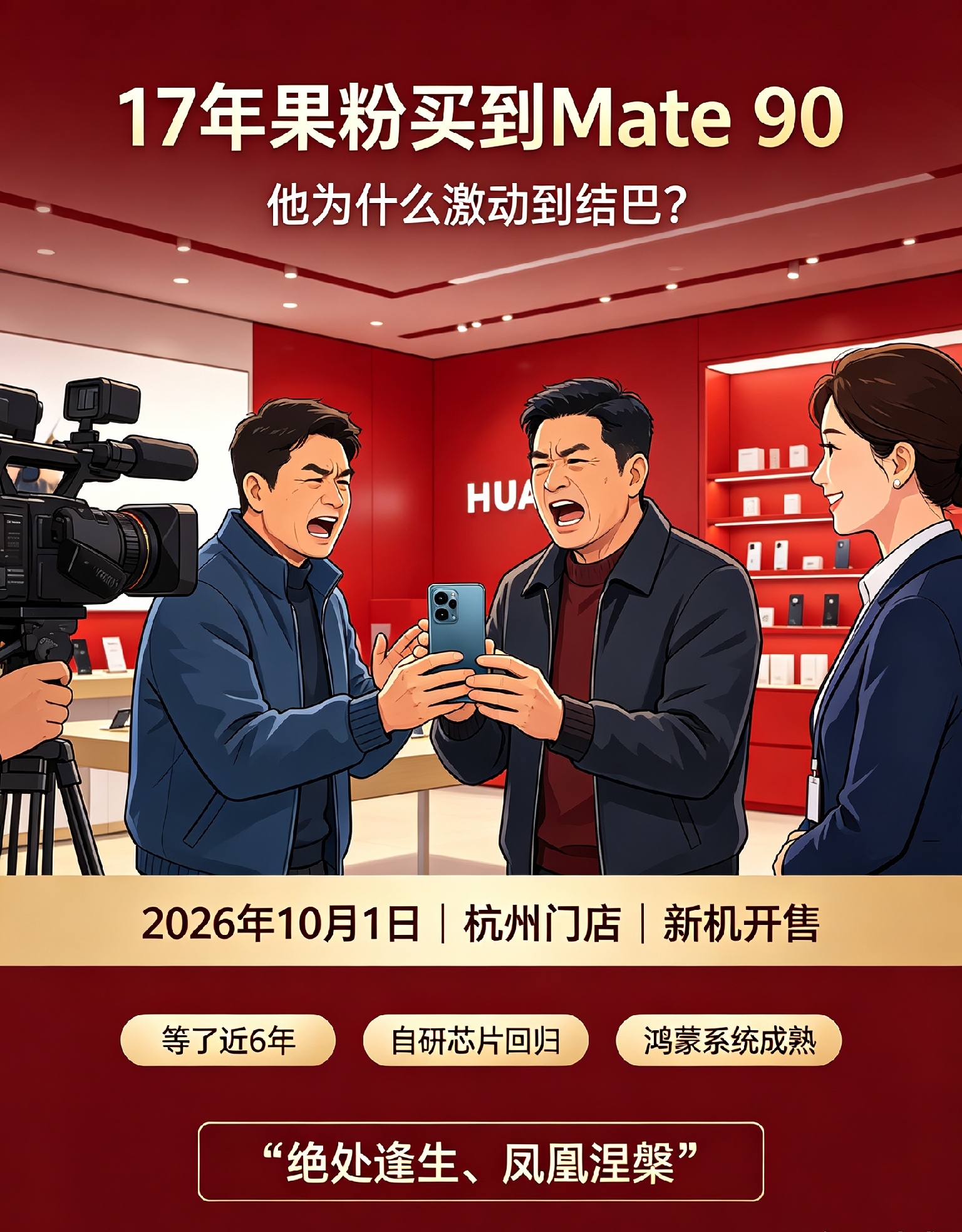 如何看待17年果粉买到华为Mate90激动到结巴
 
2026年10月1日，华为Mate90系列正式开售。在杭州华为门店，一位有着17年苹果使用经历的消费者康先生，拿到新机时激动到说话结巴。他说自己等这一刻将近6年，终于等到华为自研芯片回归、鸿蒙系统成熟，评价华为是“绝处逢生、凤凰涅槃”。这段采访视
