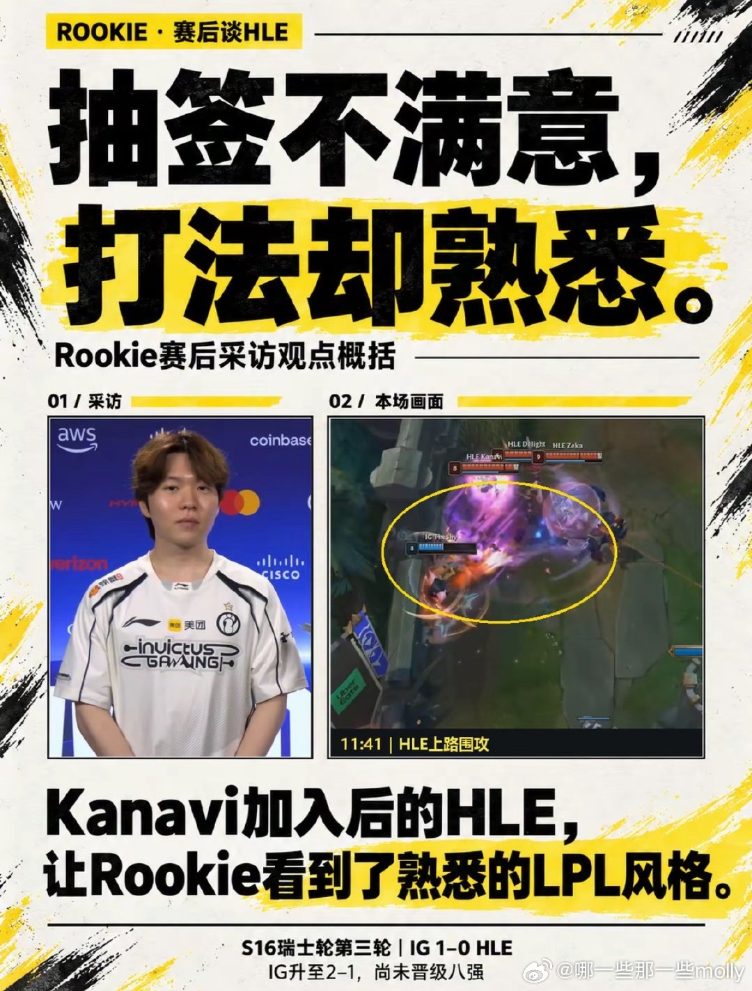 BS，👍🏻#iG中单Rookie回应击败HLE#S16瑞士轮IG拿下HLE！虽然签运看着凶险，接连遇上GEN、HLE这样的强敌，Rookie一开始也不太看好这个签表。但HLE在Kanavi加入之后打法大变，凶悍的进攻节奏满是熟悉的LPL味道。碰上同风格爱打架的对手，IG直接放开手脚拿下对局，战绩来到2-1，继续冲八强！ ​