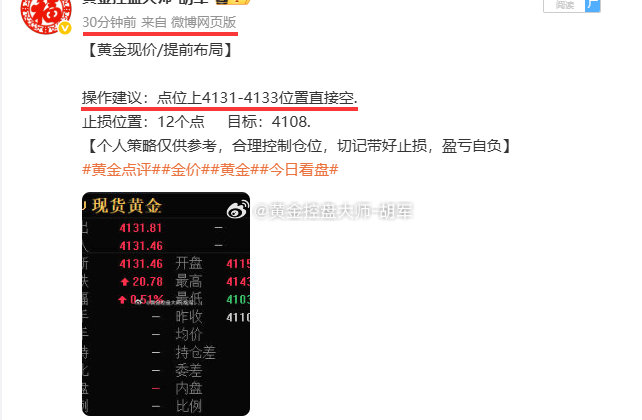 黄金4131位置空，现报4113位置，已有180个点利润，多空双杀精准拿捏，继续书写连胜，用实打实的实力打消你所有顾虑，弱肉强食的市场，只有紧跟强者，才能双向收割、稳稳立足[拳头]！#金银大跌后反弹##金银再度直线跳水##金价##黄金# ​