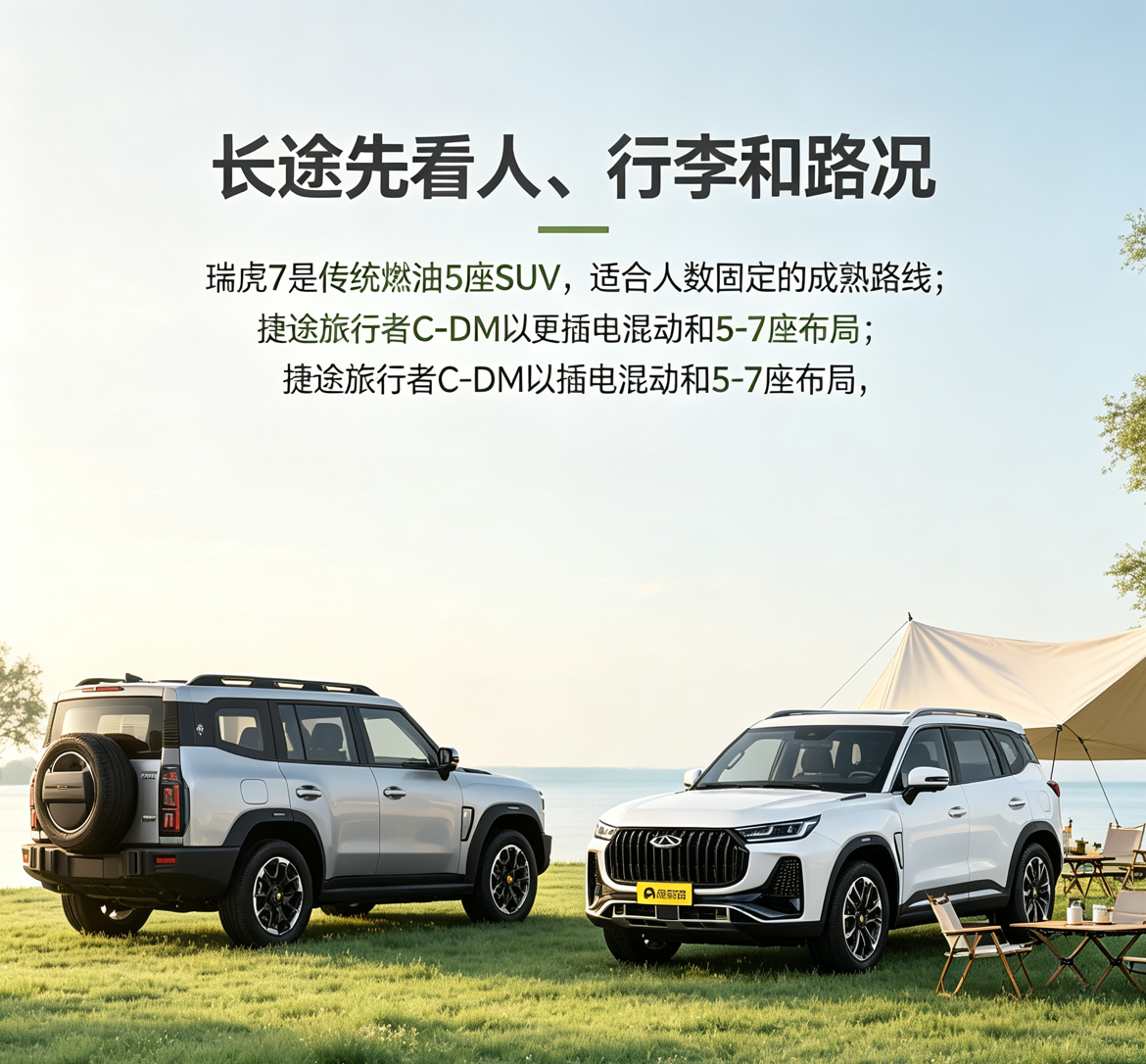 长途出行按需选就好，瑞虎7是燃油车，加油方便，五座够用还实惠；捷途旅行者C-DM空间更大，有七座可选，插混可油可电，人多带行李出行更实用。【来自懂车帝车友圈】