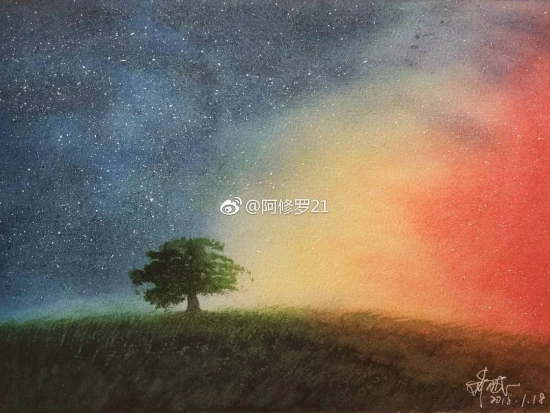 水彩星空。一半星空一半落日。好像很多人画过这个素材。