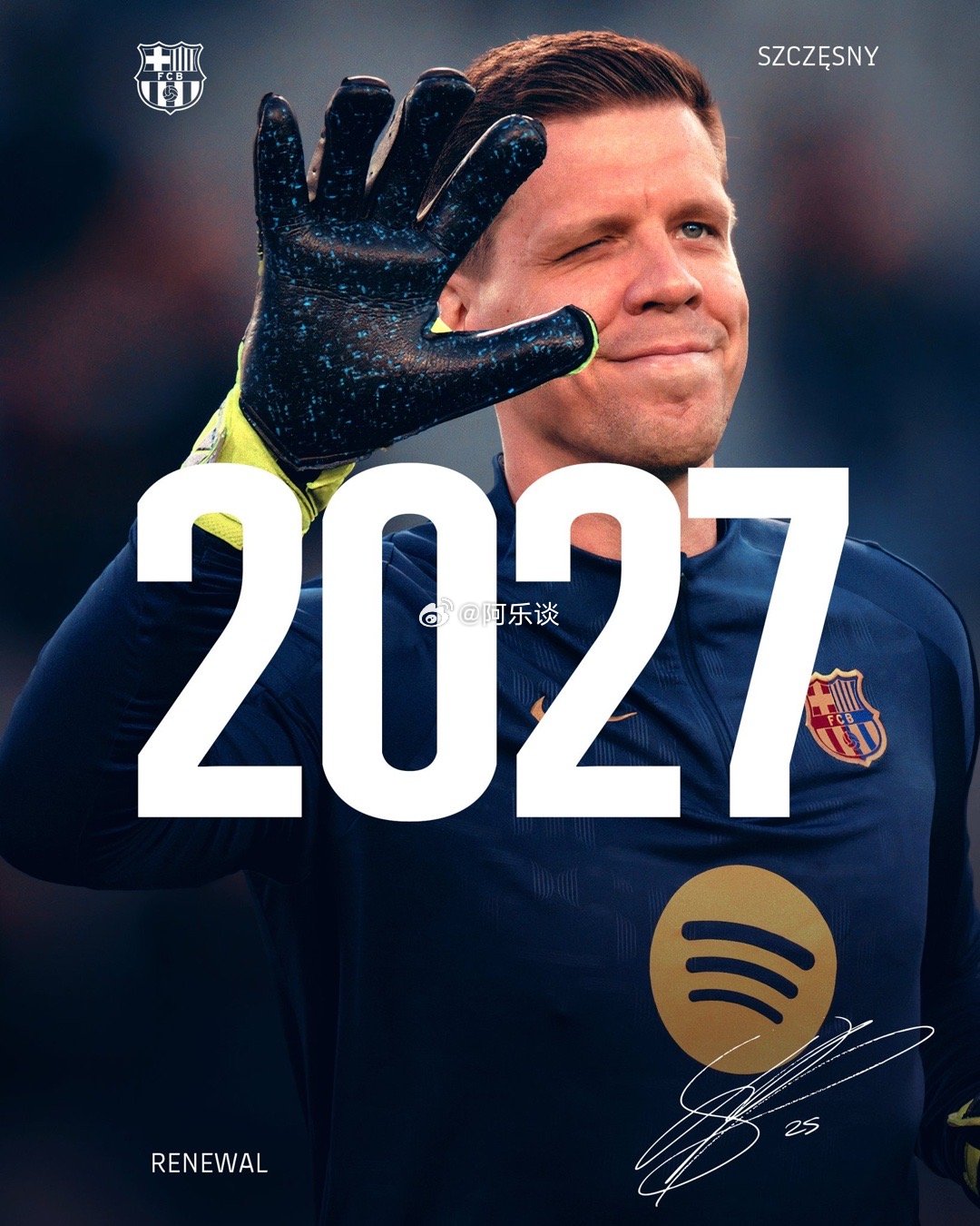官方：巴萨与门将什琴斯尼续约至2027年​​​