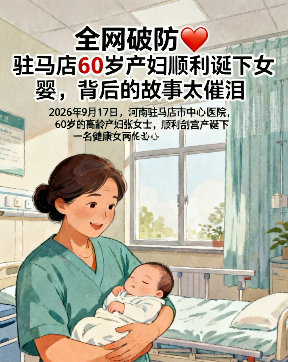 全网破防❤️驻马店60岁产妇顺利诞下女婴，背后的故事太催泪

看完这条新闻，瞬间红了眼眶，既有震撼，又满是温柔与心酸😭

2026年9月17日，河南驻马店市中心医院，60岁的高龄产妇张女士，顺利剖宫产诞下一名健康女婴，体重5斤6两，母女平安。

在别人本该安享晚年的年纪，她却再次勇敢奔赴一场为人母的