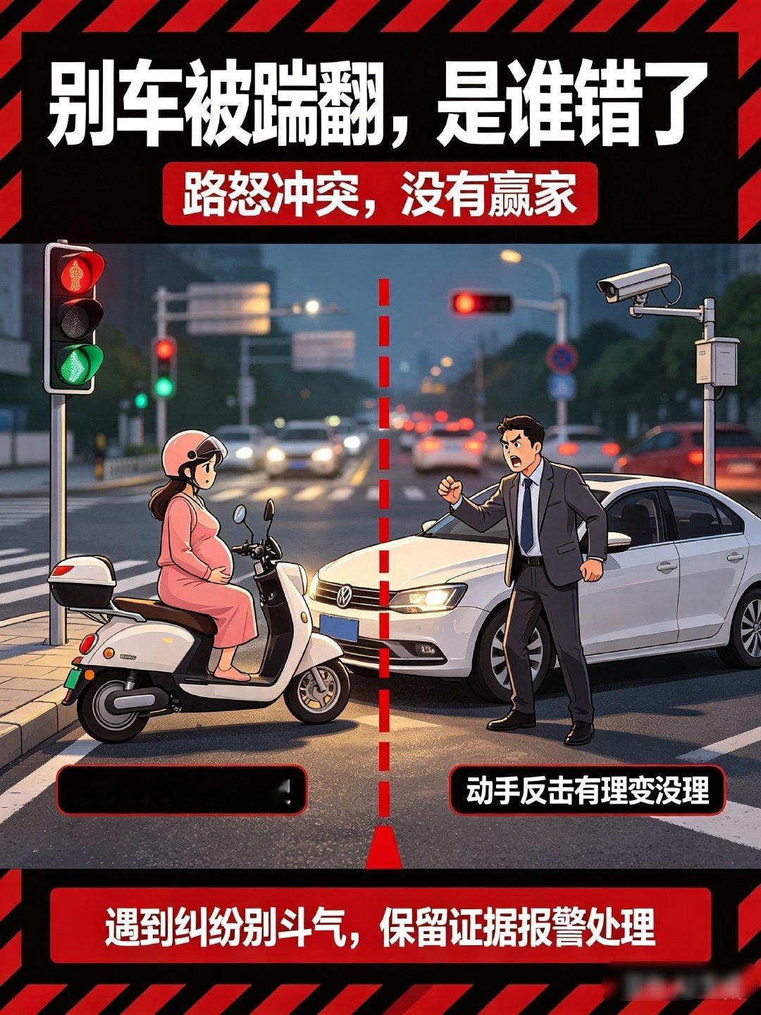 #孕妇别车被司机踹翻是谁错了#
道路斗气，没有赢家❗
孕妇恶意别车急刹堵路，危险挑衅在前。
司机被激怒后动手踹翻车辆，把有理变成没理。
路上的矛盾，不该靠别车对抗，也不该靠拳脚解决。
一时意气之争，最后两方都要为冲动买单，行车且克制，安全大于输赢。 ​