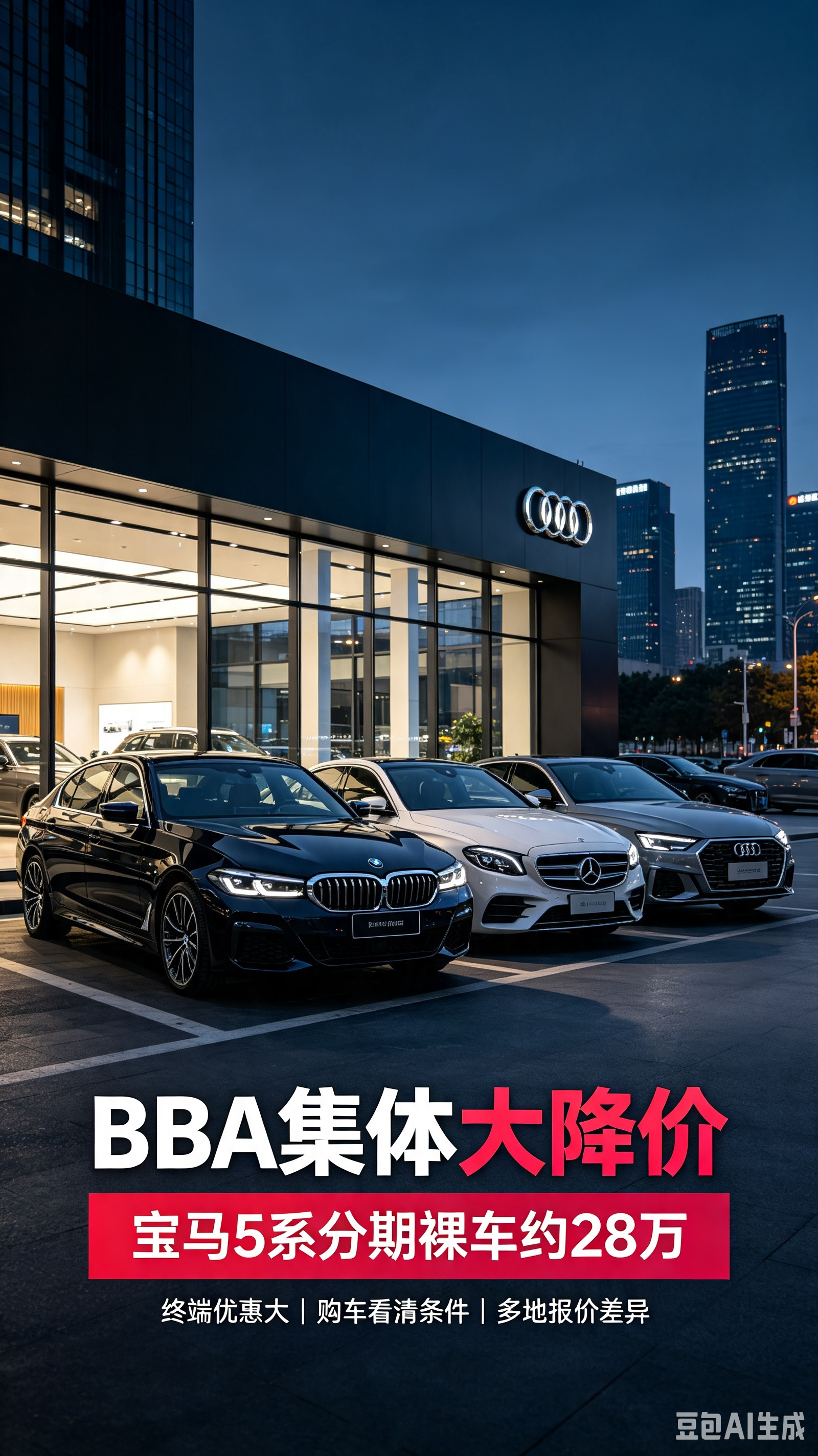 BBA集体大降价！宝马5系分期裸车跌至28万，豪华车神话被打破🔥
 
曾经高高在上的BBA豪华轿车，如今迎来前所未有的价格跳水，宝马、奔驰、奥迪终端全面放价，让不少消费者直呼不敢相信。
 
走访多地4S店了解到，指导价36.8万的宝马525Li，在分期购车条件下，裸车优惠已经来到28万左右，算上购置