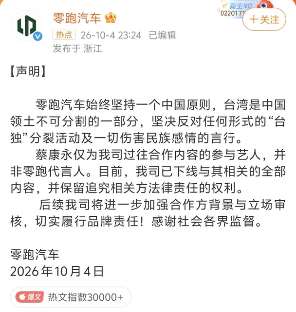 【零跑汽车下架蔡康永内容：坚决反对任何形式的“台独”分裂活动及一切伤害民族感情的言行】
零跑汽车昨晚（10月4日）发布声明：
零跑汽车始终坚持一个中国原则，台湾是中国领土不可分割的一部分，坚决反对任何形式的“台独”分裂活动及一切伤害民族感情的言行。
蔡康永仅为我司过往合作内容的参与艺人，并非零跑代言人。目前，我司已下线与其相关的全部内容，并保留追究相关方法律责任的权利。
后续我司将进一步加强合作方背景与立场审核，切实履行品牌责任！感谢社会各界监督。
#今日热点# #汽车# #零跑汽车#