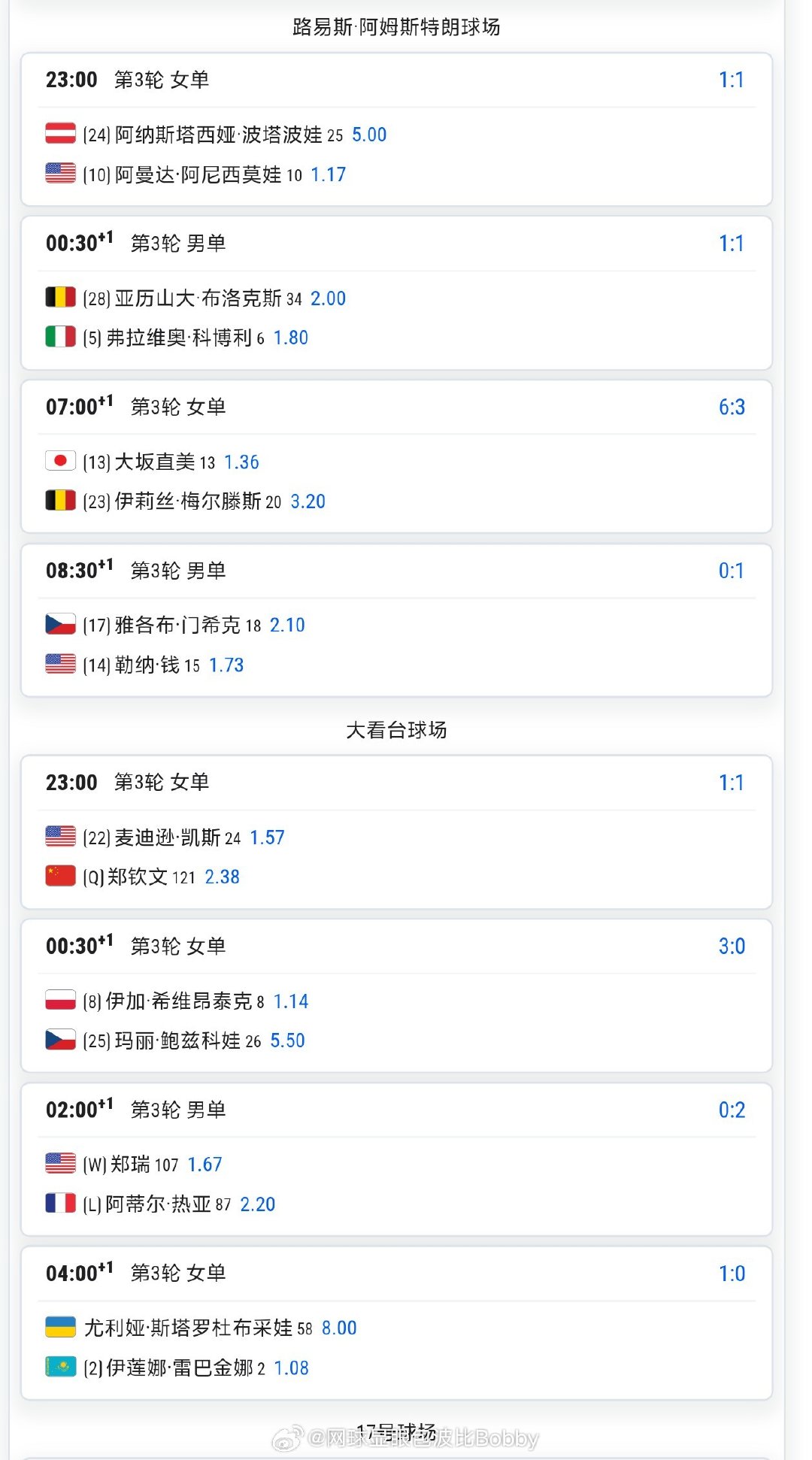 明天伊埃拉登陆阿瑟阿什中心球场

本来我猜#郑钦文vs凯斯#会在阿姆斯特朗球场 ，斯瓦泰克，莱巴金娜都被挤到大看台球场[笑cry]

#郑钦文克服抽筋获胜##郑钦文即时排名重回前100##美网[超话]# ​