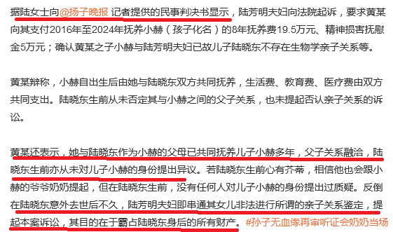 儿媳黄某称：
“陆芳明夫妇即串通其女儿非法进行所谓的亲子关系鉴定，提起本案诉讼，其目的在于霸占陆晓东身后的所有财产。” 
“她与陆晓东作为小赫的父母已共同抚养儿子小赫多年，父子关系融洽，陆晓东生前亦从未对儿子小赫的身份提出异议。”
杨律说法 儿媳第一段话的意