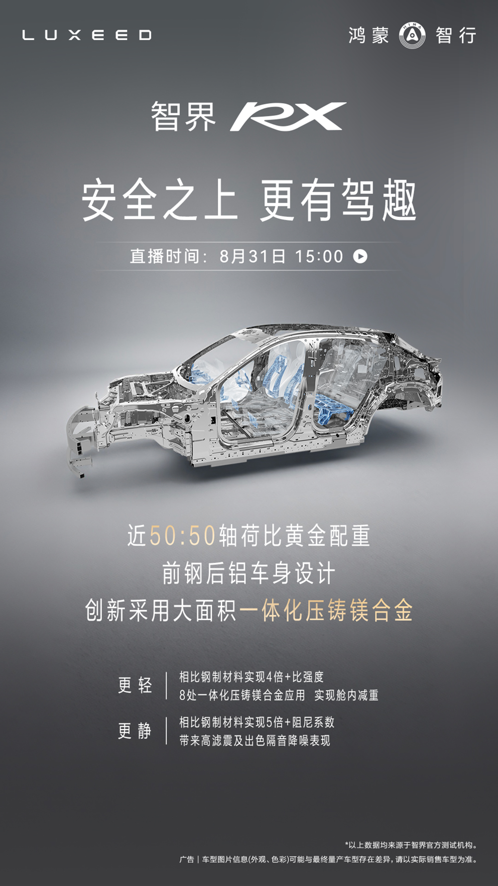 智界RX官宣搭载一体化压铸镁合金材料，以工艺创新诠释安全与驾趣
近期汽车市场总在讨论配置叠加，但真正的高级感源于底层逻辑的创新。智界刚发布了智界RX采用一体化压铸镁合金材料，展现出对造车本质的深刻理解。其343车身架构将扭转刚度提升至50000Nm/deg以上，配合行业首创的电磁热控压铸技术，让车身