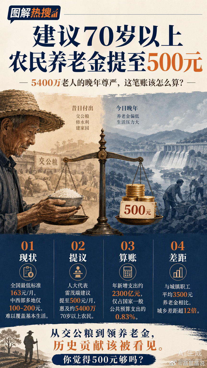 5400万70岁以上农民，每人每月多拿几百块，对国家财政来说只是0.83%的支出，对他们来说却是从“活着”到“生活”的分界线。

雷茂端代表这个提议算得很清楚：全国农村高龄老人基础养老金目前多在100到200元之间，上海能到1500多，中西部很多地方就一百出头。这点钱买米面油都紧巴巴，更别说看病买药。 ​