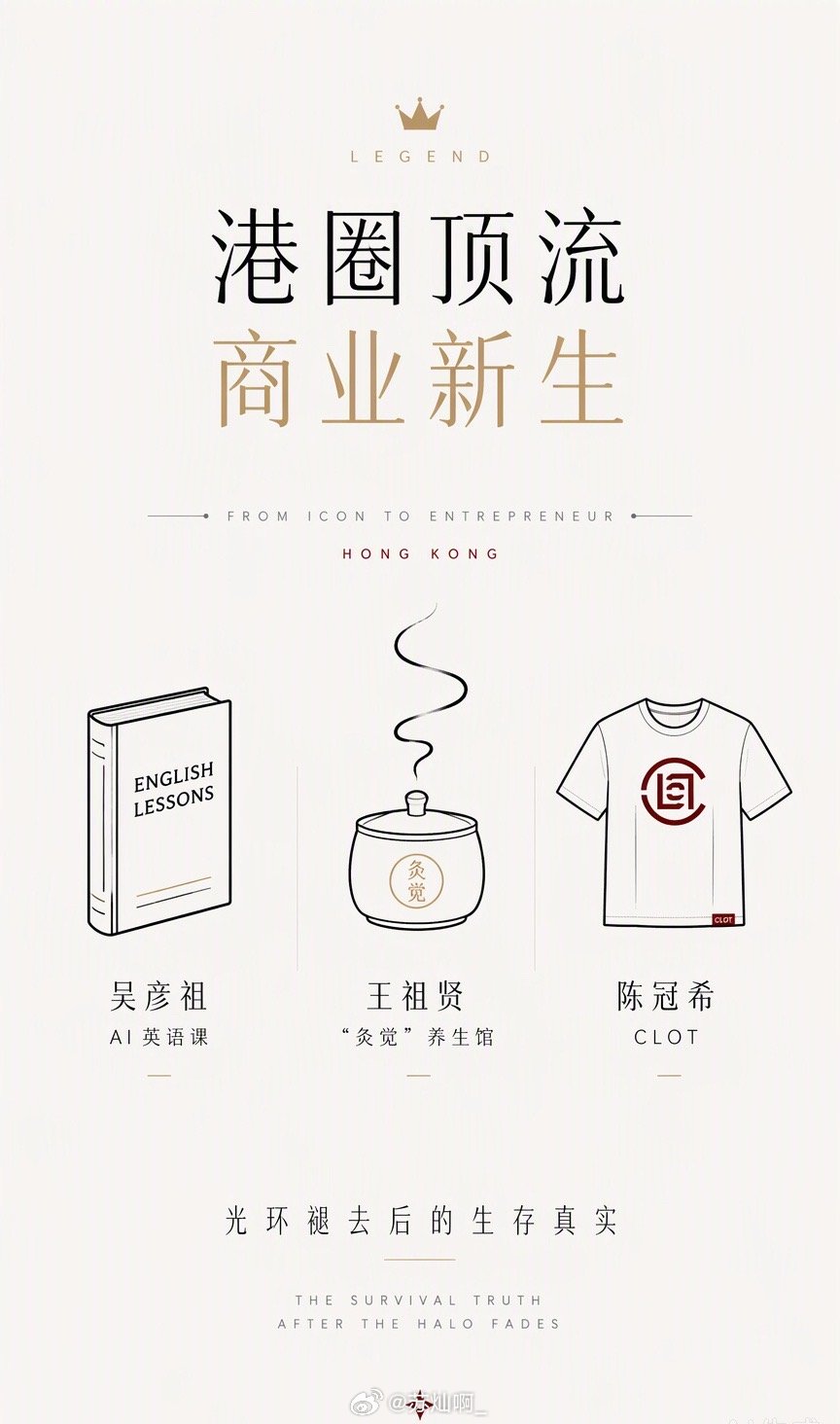 吴彦祖教英语，王祖贤开艾灸馆，陈冠希卖潮牌。

当这三位昔日港圈顶流的名字再次并排出现，伴随的不是经典的电影画面，而是关于“圈钱”的质疑。有人觉得他们是在消费粉丝对《新警察故事》或《倩女幽魂》的情怀滤镜，甚至衍生出他们在北美遭遇金融风波才被迫回国捞金的猜测。

这种论调听着挺刺耳，但 ​