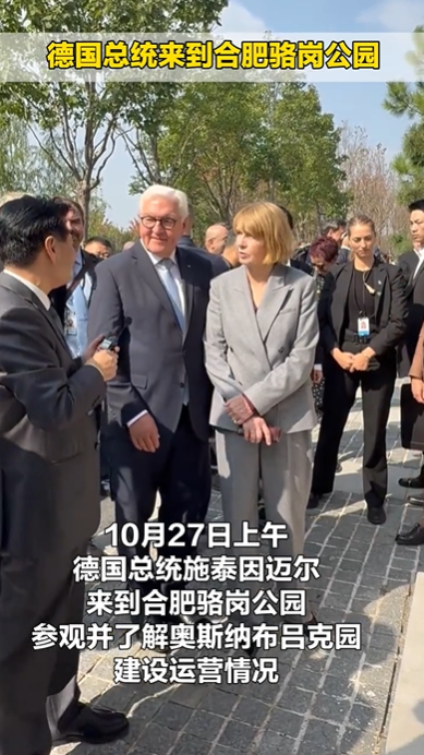 德国总统夫妇在合肥逛公园，第一夫人穿灰色西服脚踩黑色高跟鞋，太有都市丽人气场啦！

10月27日上午，德国总统施泰因迈尔与夫人来到合肥骆岗公园，参观奥斯纳布吕克园，了解这座中德友好展园的建设与运营情况。

从画面看，第一夫人埃尔克・布登本德的穿搭十分吸睛。她站在人群中一身浅灰色西服套装，自带从优雅气