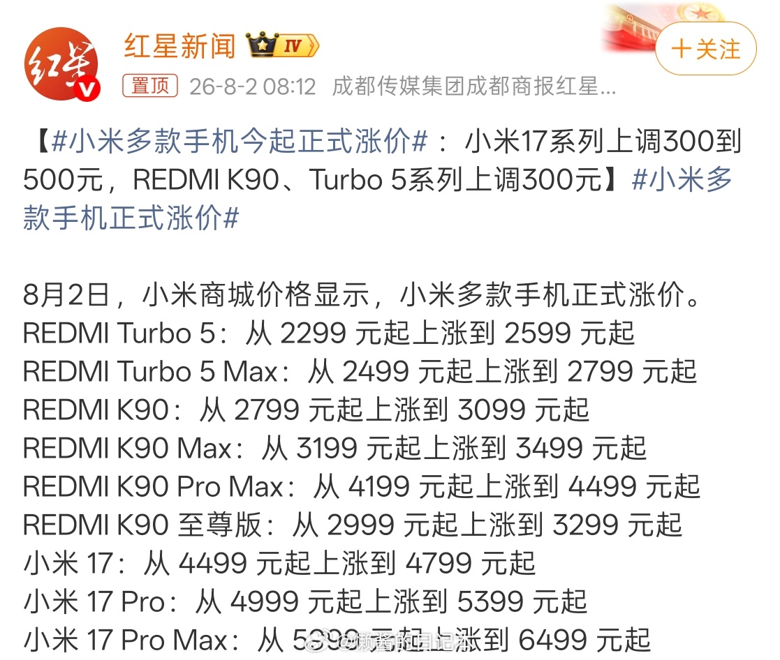 今日0点起，小米旗下多款主力手机正式上调售价，涨幅在300至500元不...