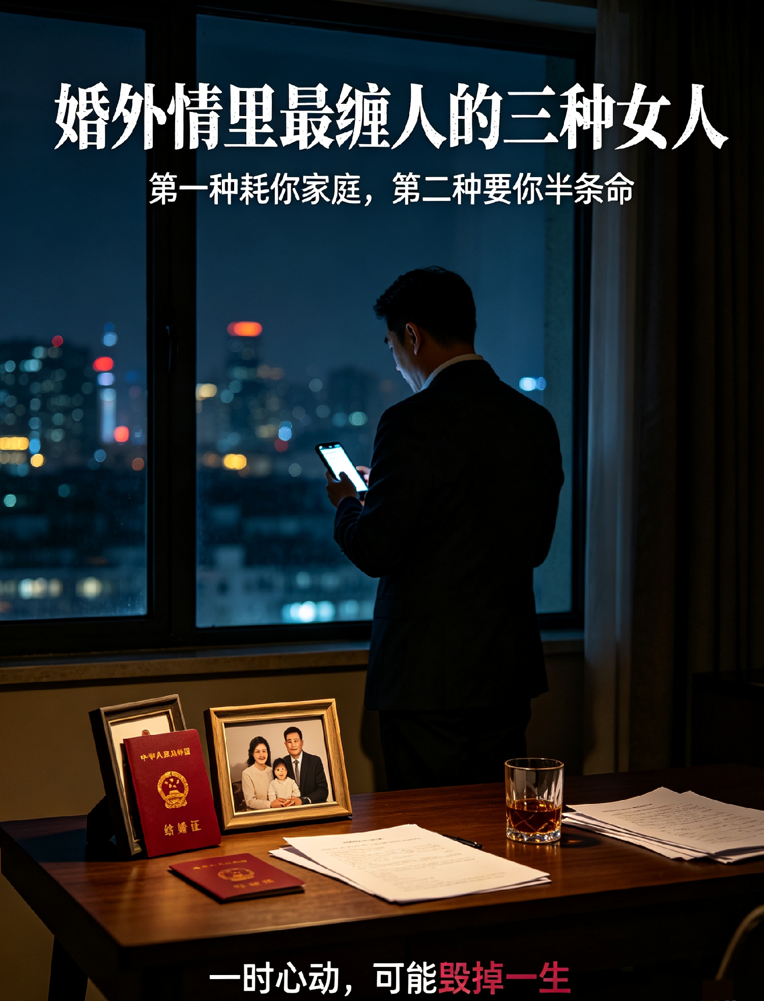 婚外情里最缠人的三种女人，第一种耗你家庭，第二种要你半条命
 
过来人都懂，婚外情最可怕的不是心动，而是甩不掉的纠缠。很多男人一时糊涂贪心，以为只是逢场作戏、玩玩而已，最后却深陷泥潭、家破人亡。
 
尤其这三种女人，一旦招惹，根本脱身不了，后果不堪设想。
 
第一种，贪得无厌、死缠家庭的女人。她们从