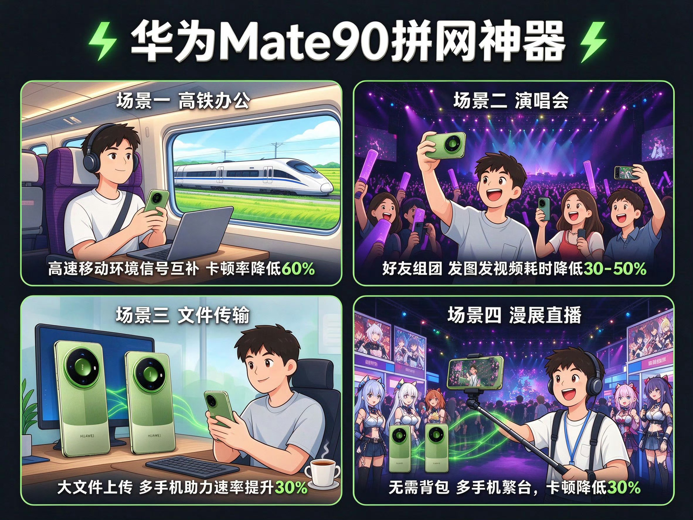 华为Mate90发布，两大通信黑科技：四卡三待+多人互助通信共享
 
这次Mate90发布会，影像和芯片固然亮眼，但最戳打工人、经常出差、跑现场的，其实是通信上的两个新玩法：四卡三待，还有首发多人互助通信共享。
 
先讲四卡三待。简单说，机器最多可以录入4个号码，2张实体SIM+2张eSIM，同时保