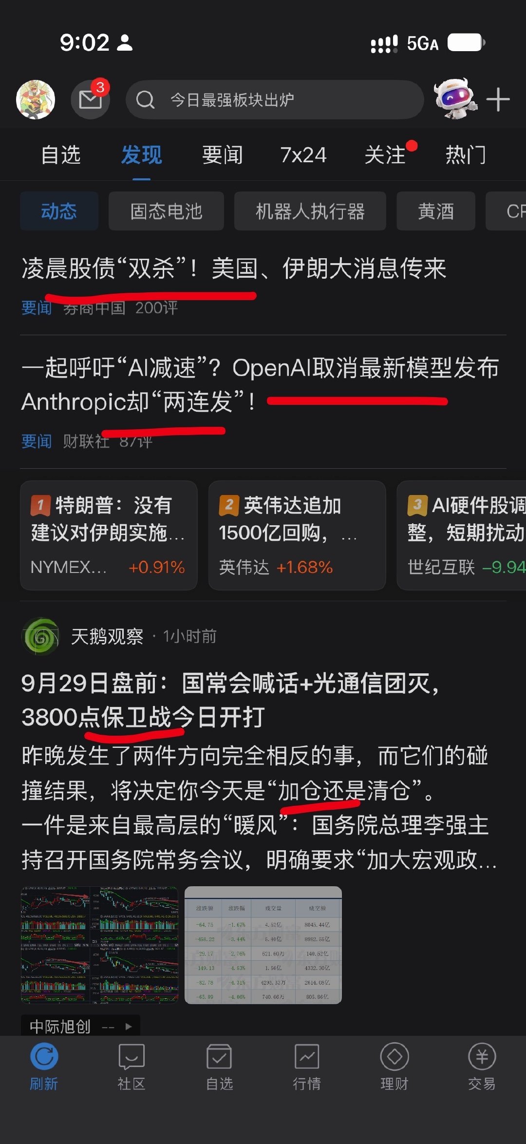 #美科技股冰火两重天# 早。每天打开股吧，就是一些刺激的新闻，昨晚股债双杀，呼吁Ai减速…openai取消新模型发布，Claude两连发，今天3800保卫战开打，昨晚国常会开会说加大宏观调控力度，美股光通信概念深夜重挫，ARM跌超8%，高通跌超7%，加仓还是清仓？谁知道？ ​