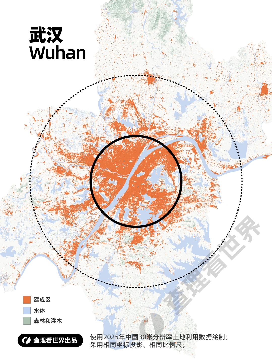 武汉、长沙、南昌建成区同尺度对比