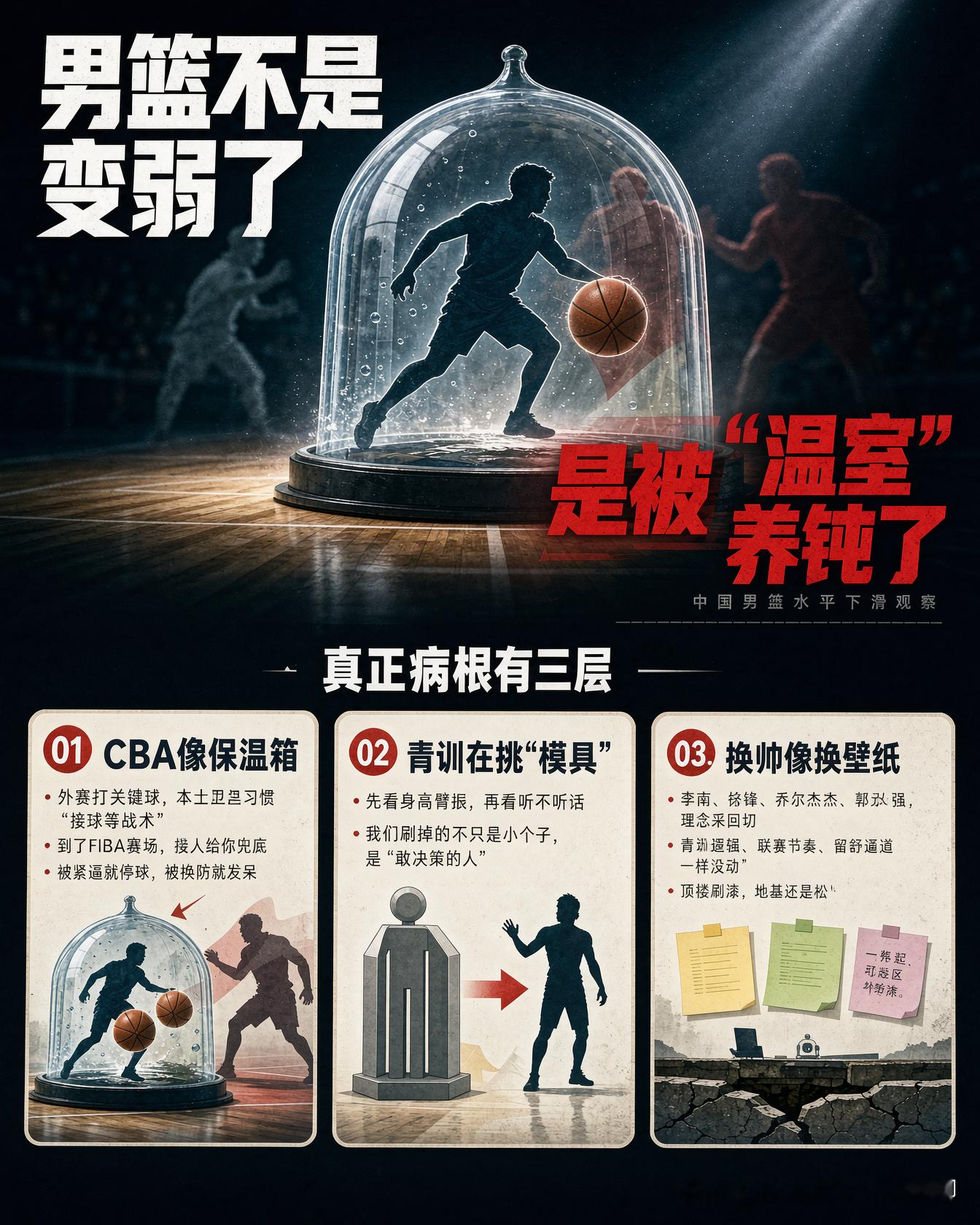 别急着骂球员不争气。2023世界杯1胜4负、排第29，是队史最差；赵睿自己都承认：“联赛强度，撑不起国际大赛。” 这句话比换十个主教练都值钱。

真正病根有三层：

第一，CBA像保温箱。 外援扛关键球，本土后卫习惯“接球等战