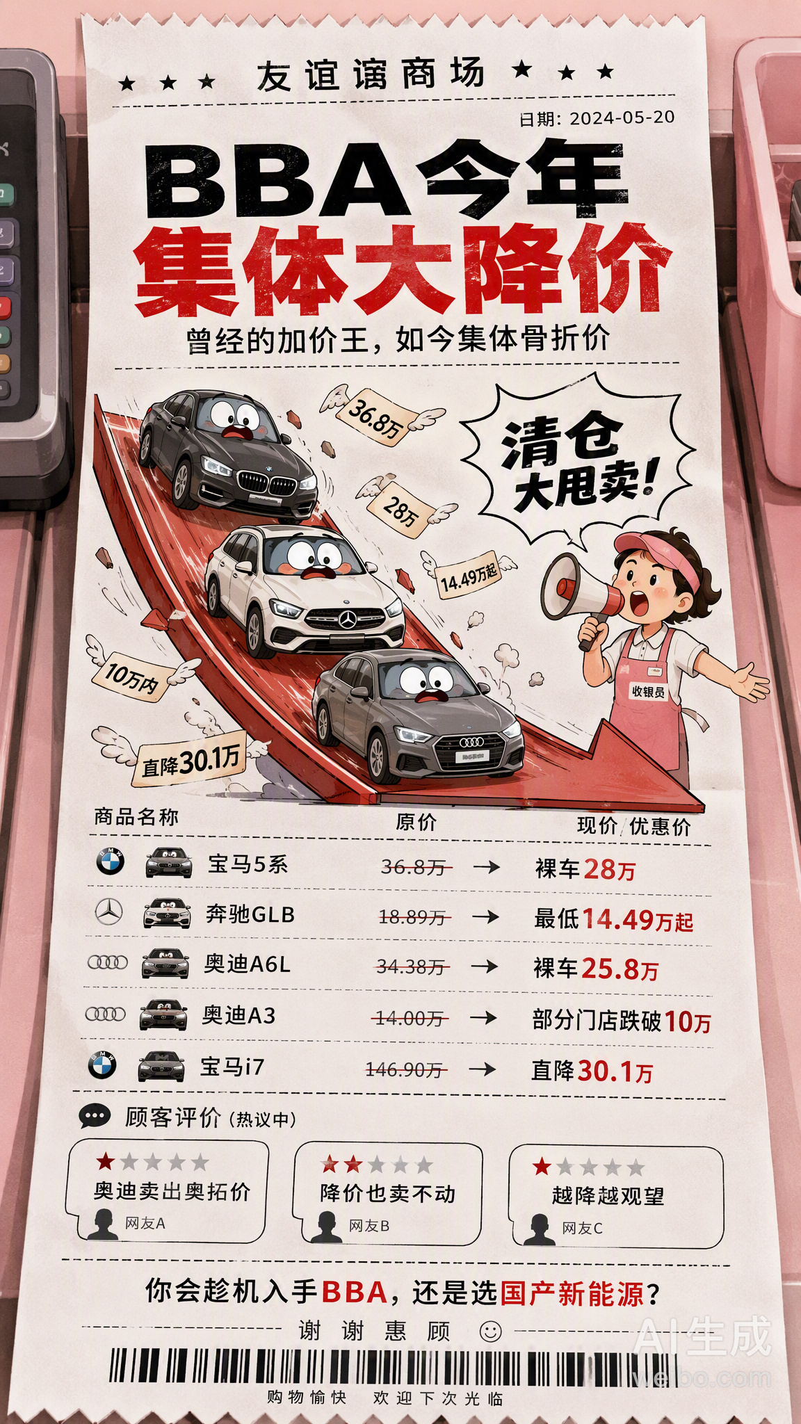 #BBA今年集体大降价# 曾经的“加价王”们，如今集体“骨折”了。

2026年BBA开启了近十年最大规模的官方降价潮，几个核心数据感受一下：

🔹 宝马525Li指导价36.8万，分期裸车低至28万；3系起售价下探至25.8万，过去落地40万的车现在20多万开走
🔹 奔驰GLB最低14.49万起，E级优惠高达11万-13.5万， ​